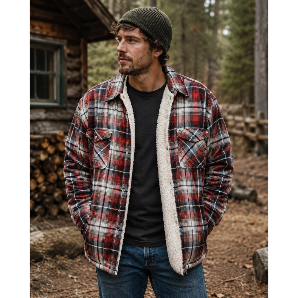 Vintage 80s Red Plaid Sherpa Lined Quilted Shacket Jacket Men's Outdoor Chore L